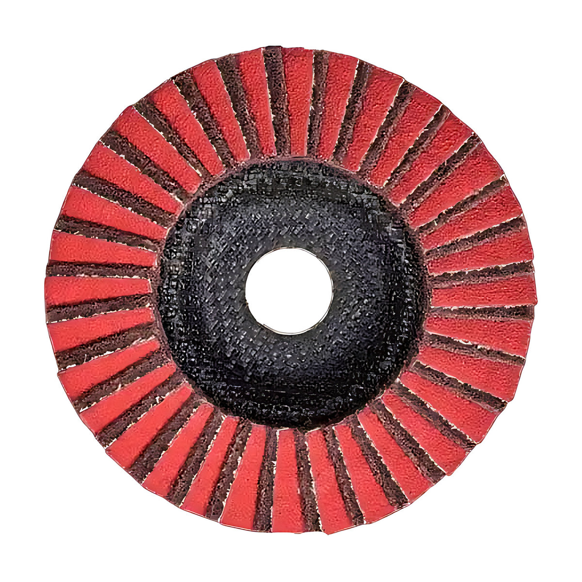 Pferd POLIVLIES PVZ flap disc, back view of alternating red and dark brown flaps with a black backing plate and centre hole