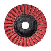 Pferd POLIVLIES PVZ flap disc, back view of alternating red and dark brown flaps with a black backing plate and centre hole