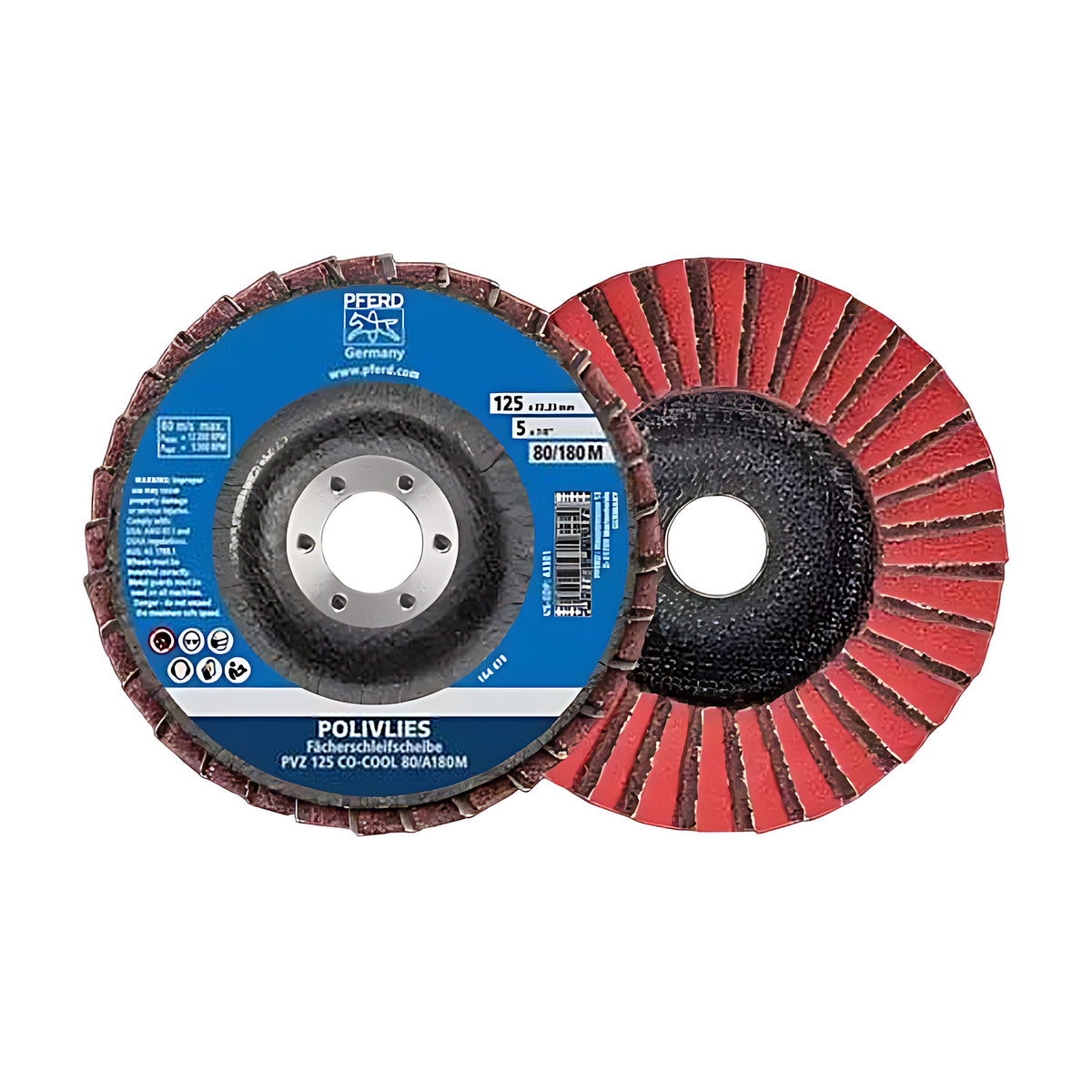 Pferd POLIVLIES PVZ flap discs 125 mm, label side marked PVZ 125 CO-COOL 80/180 M beside the red and dark flap back