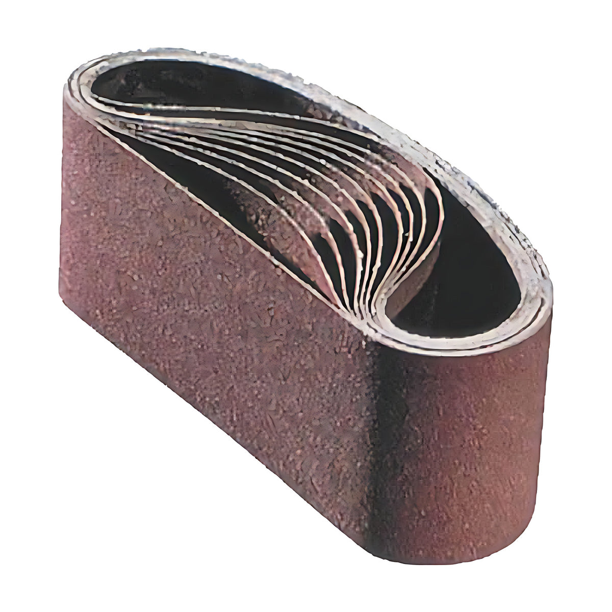 Pferd portable sanding belt 100 x 610 mm, stack of nested reddish-brown aluminium oxide belts on white