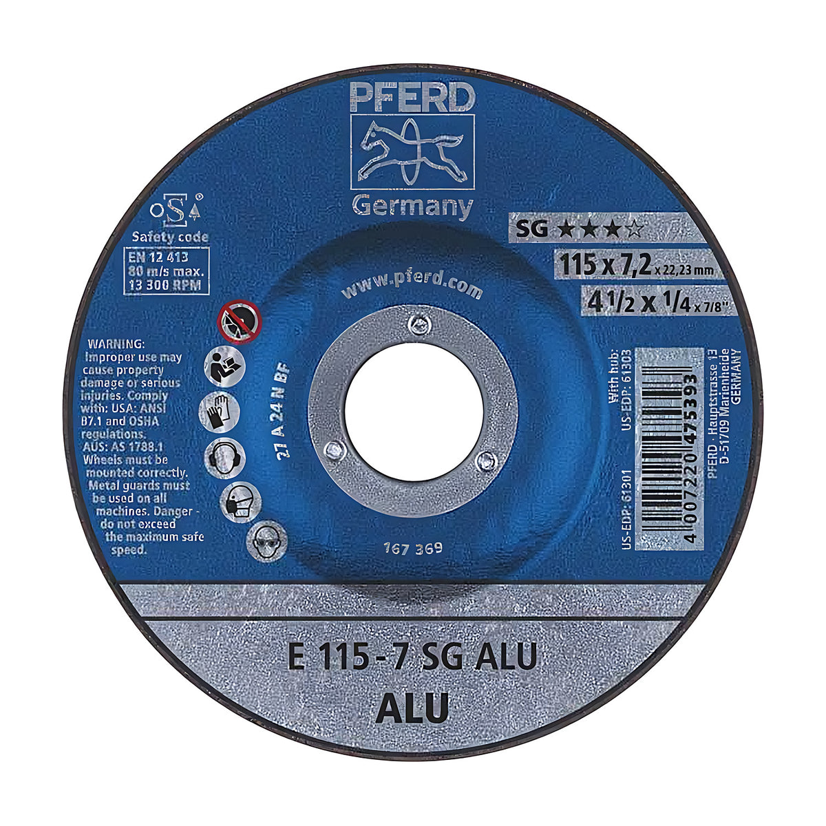 Pferd SG ALU depressed centre wheel 115 mm, blue label marked E 115-7 SG ALU with a grey ALU band