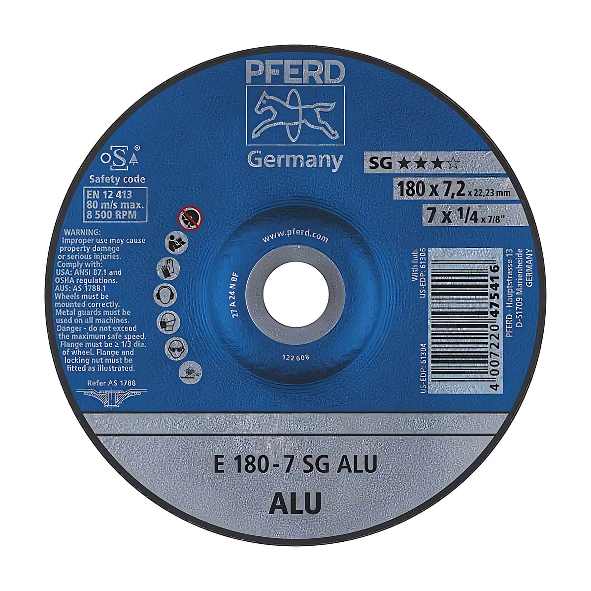 Pferd SG ALU depressed centre wheel 180 mm, blue label marked E 180-7 SG ALU with a grey ALU band