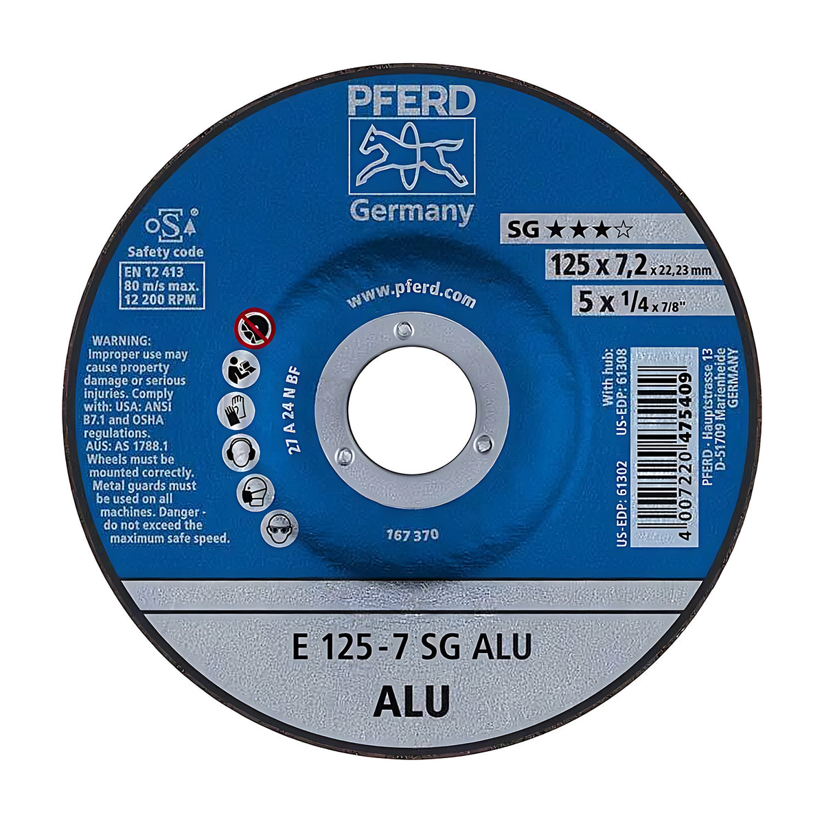 Pferd SG ALU depressed centre wheel 125 mm, blue label marked E 125-7 SG ALU with a grey ALU band