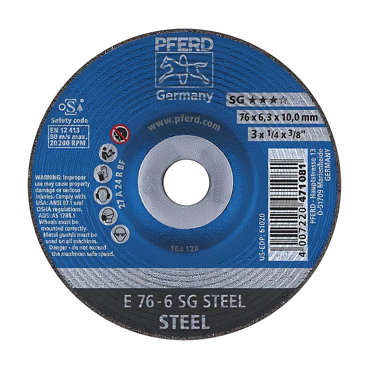 Pferd SG STEEL depressed centre wheel 76 mm, blue label with black band marked E 76-6 SG STEEL