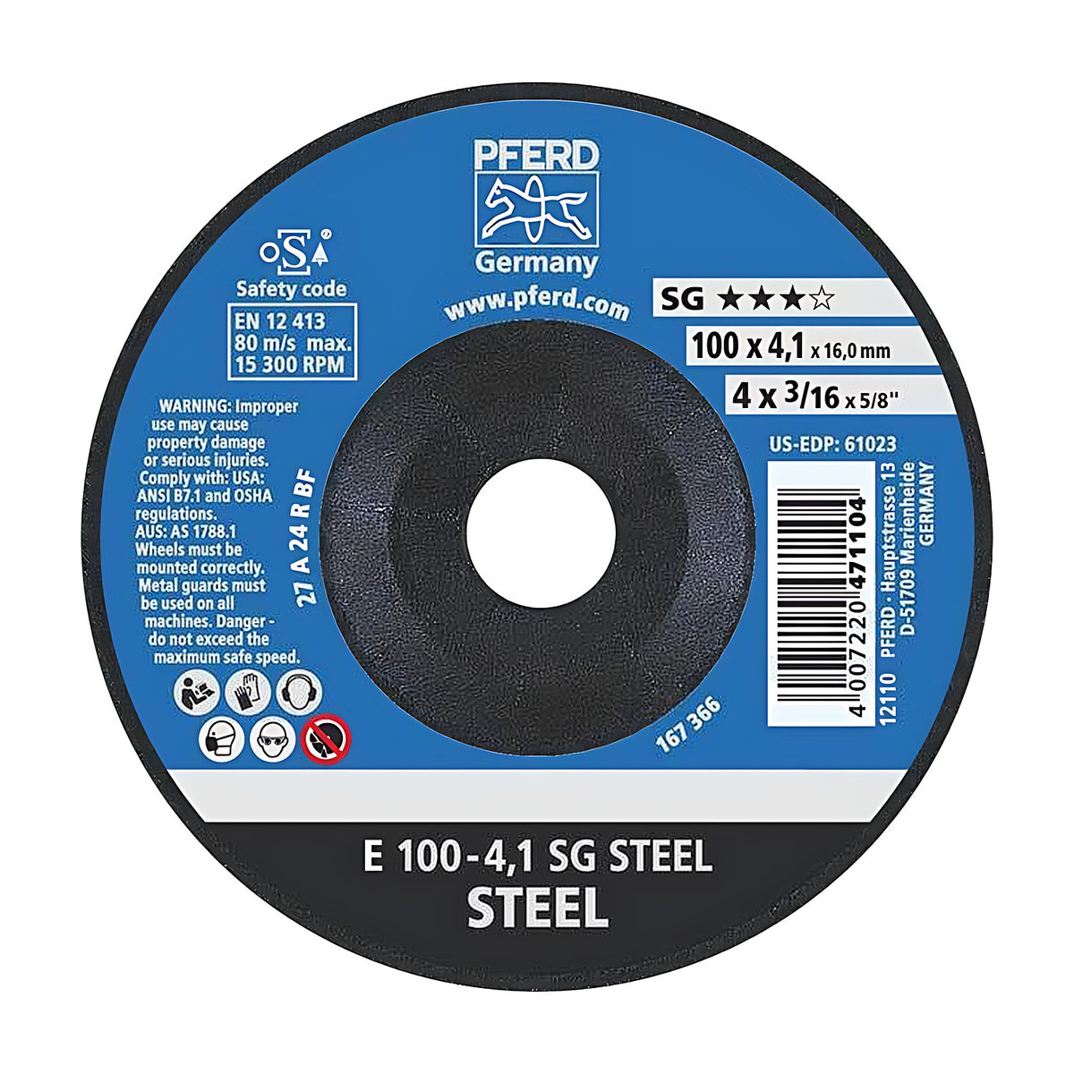 Pferd SG STEEL depressed centre wheel 100 mm, blue label with black band marked E 100-4,1 SG STEEL