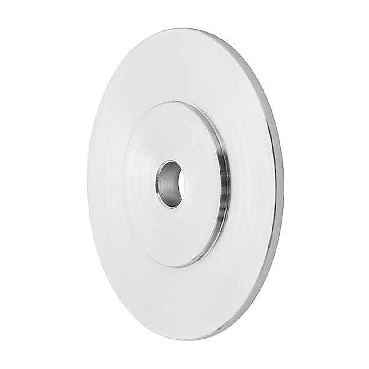 Pferd reducing flange, flat polished silver round flange with a small centre hole, front view