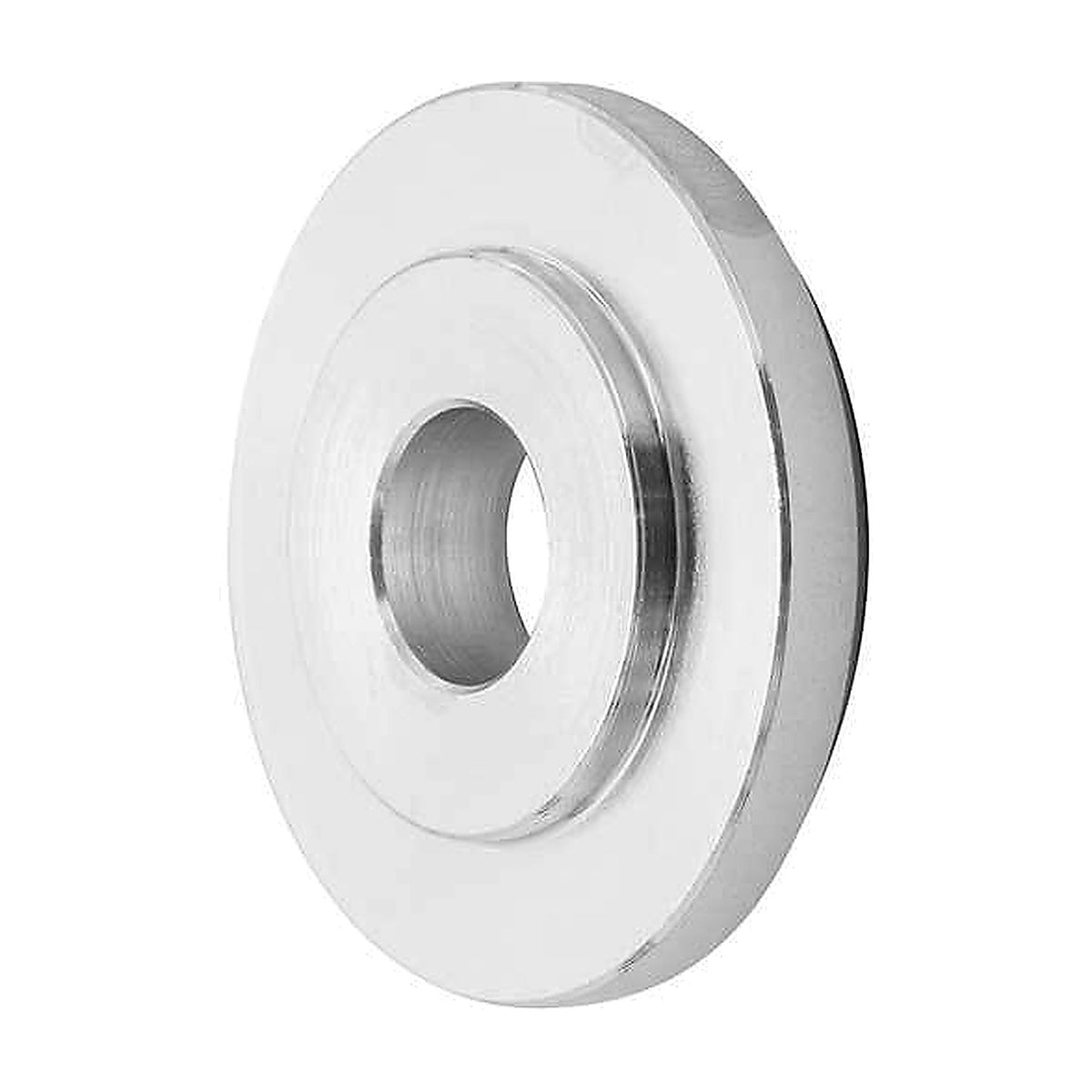 Pferd reducing flange, polished silver stepped round flange with a large centre hole, angled view