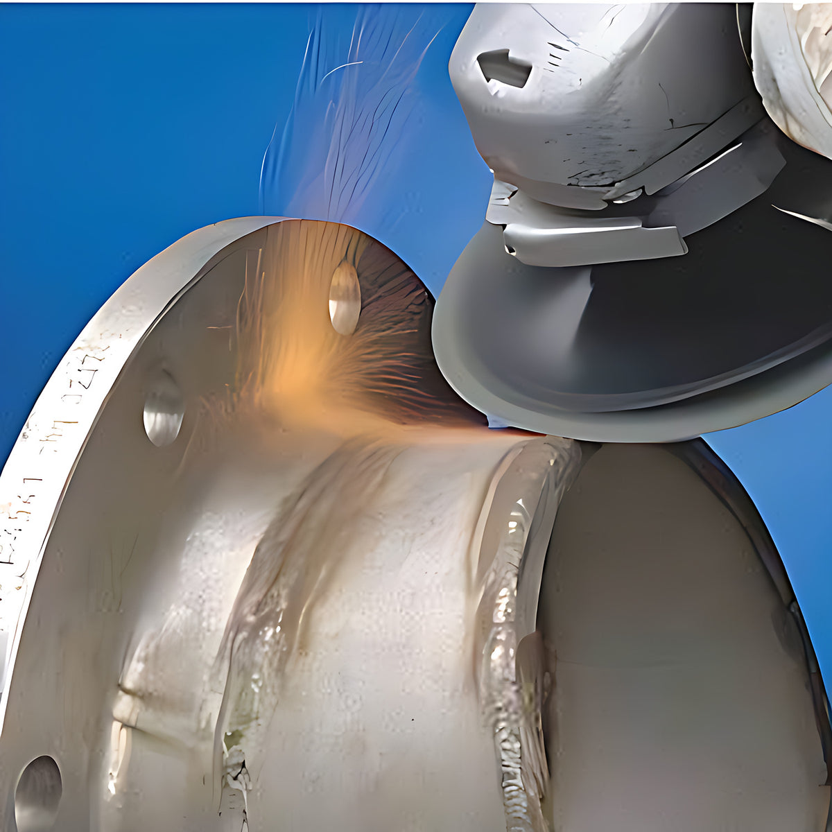 Pferd Ceramic Plus fibre disc in use on an angle grinder, working a weld seam on a steel flange, sparks flying