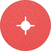Pferd Ceramic Plus fibre disc, red disc with fine grain and a four-slot cross centre hole, front view