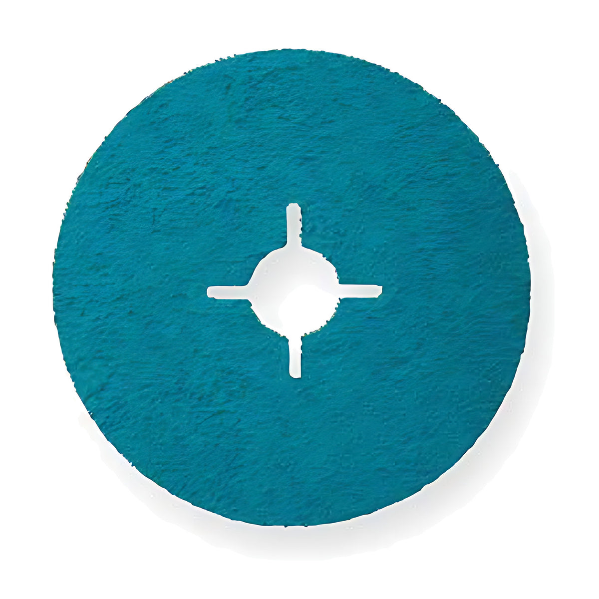 Pferd ACTIROX ceramic fibre disc for Inox, teal-blue grain face with a cross-slot centre hole, shadow on white