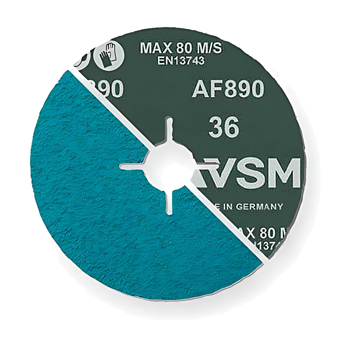 Pferd ACTIROX ceramic fibre disc for Inox, dark green backing printed MAX 80 M/S and AF890 36, with teal face showing on one half