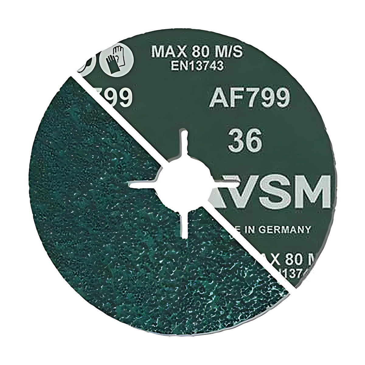 Pferd ACTIROX ceramic fibre disc for Steel, dark green backing printed MAX 80 M/S and AF799 36, one half showing the grain face
