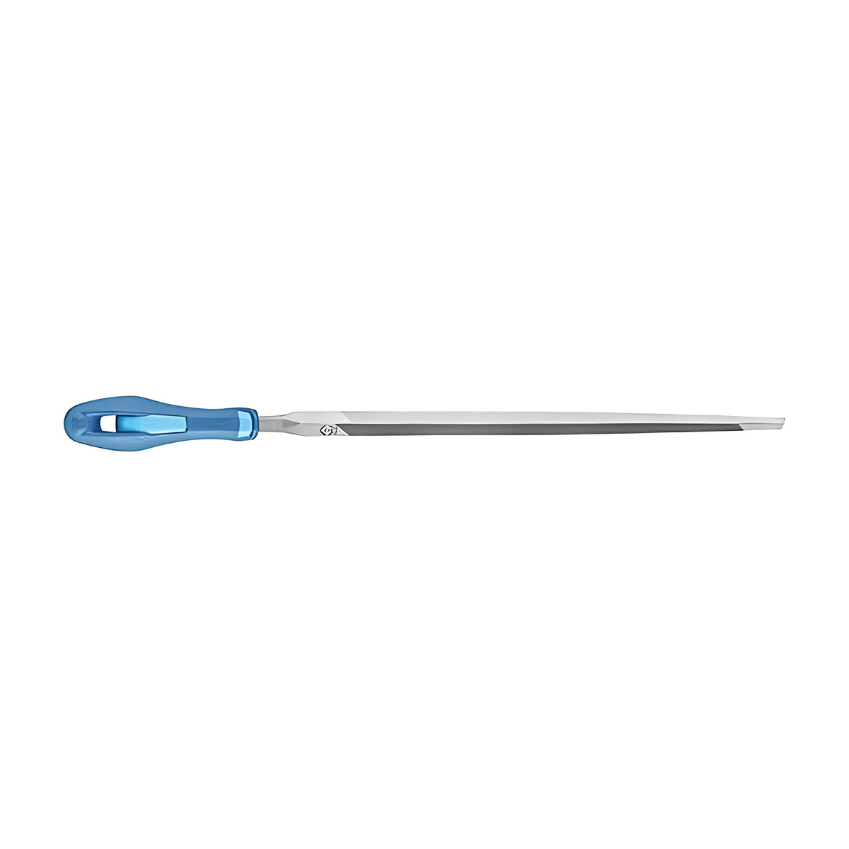 Pferd slim taper saw sharpening file with a blue plastic handle, long thin silver triangular blade