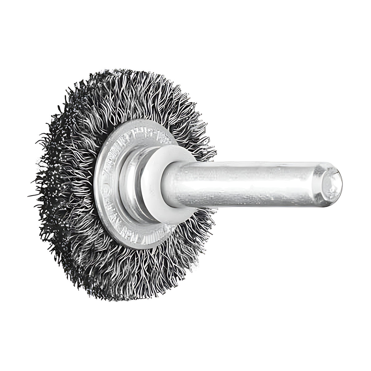Pferd RBU POS steel wheel brush, small dark crimped wire wheel with white ring and thick 6 mm shank, loose on white
