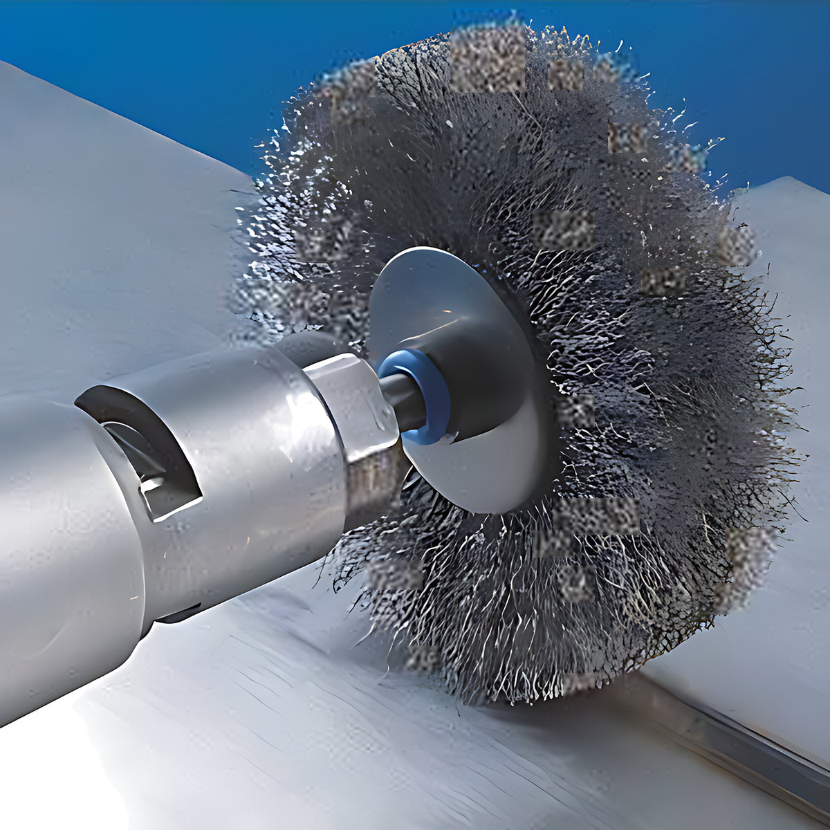 Pferd RBU POS steel wheel brush in use, wheel in a tool brushing a weld line on a steel plate, blue background