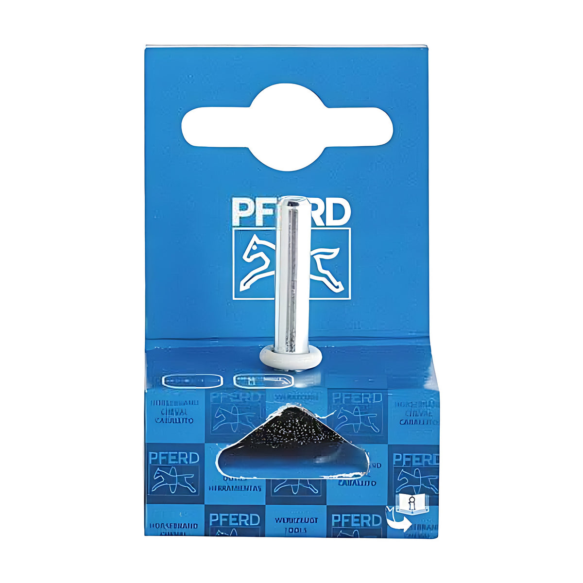Pferd RBU POS steel wheel brush on a blue cardboard stand with PFERD logo, silver shank above the card and wheel in the window