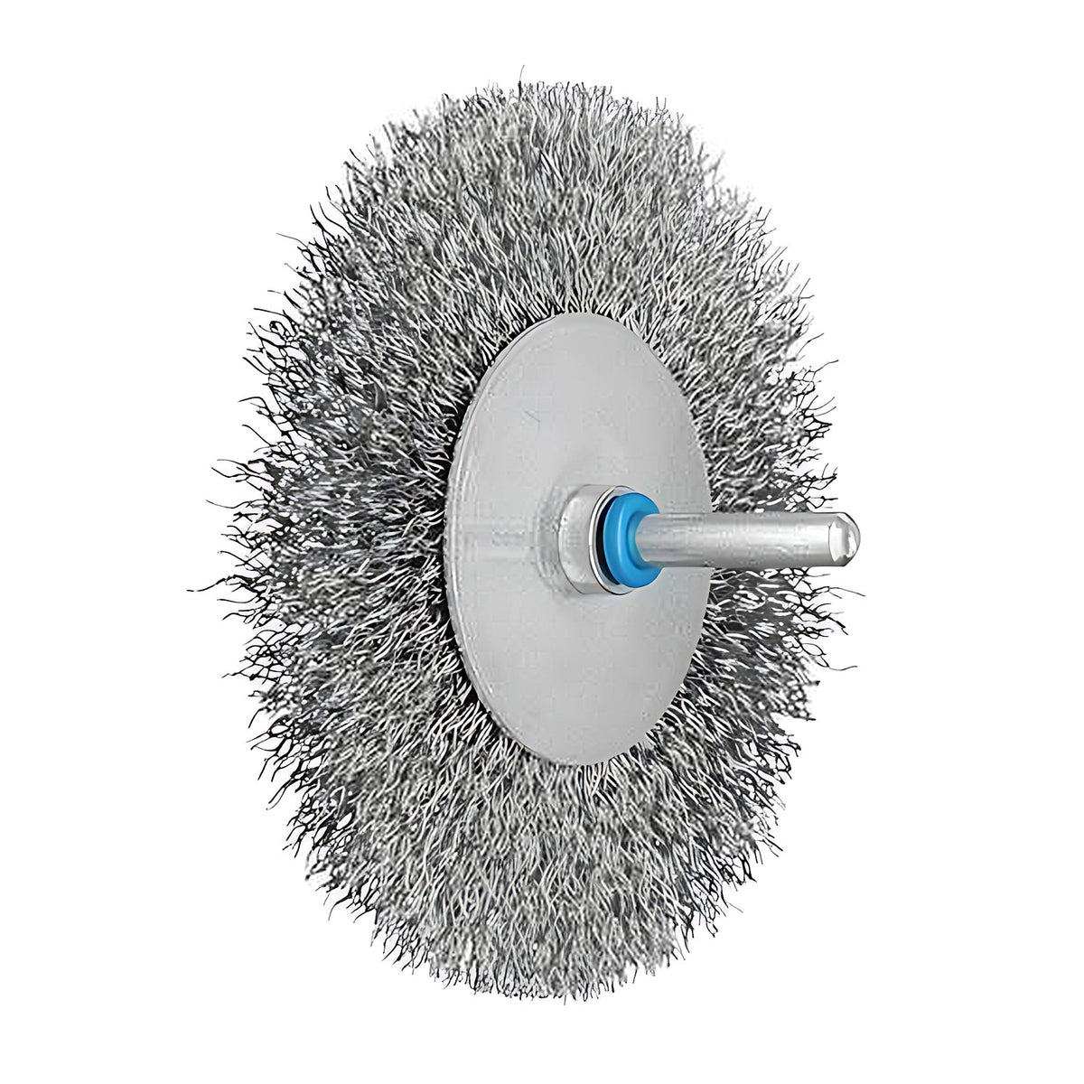 Pferd shank-mounted crimped wheel brush RBU stainless, thin flat crimped wheel with a large round plate and blue ring
