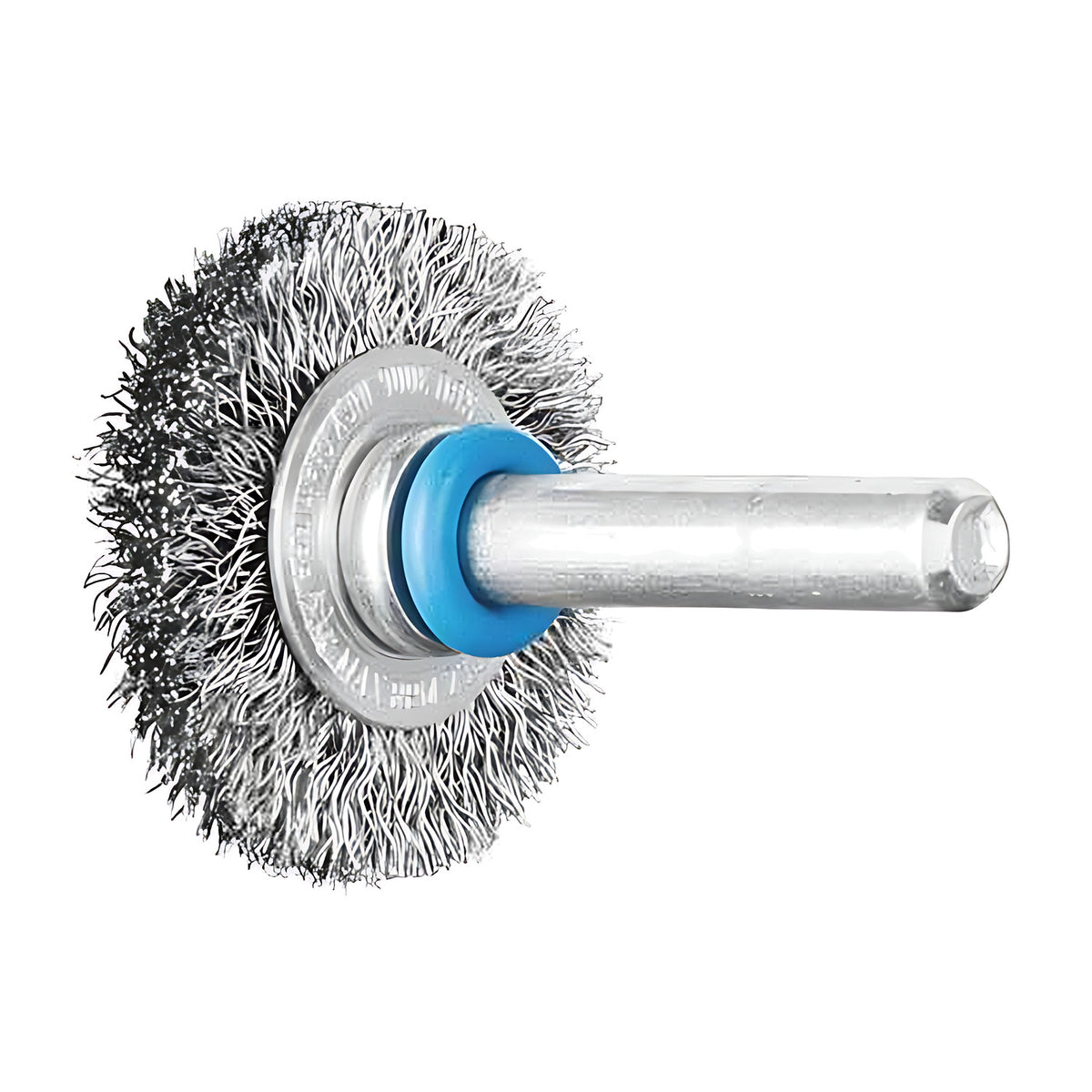 Pferd shank-mounted crimped wheel brush RBU stainless, small wavy wire wheel with a blue ring on a thick shank