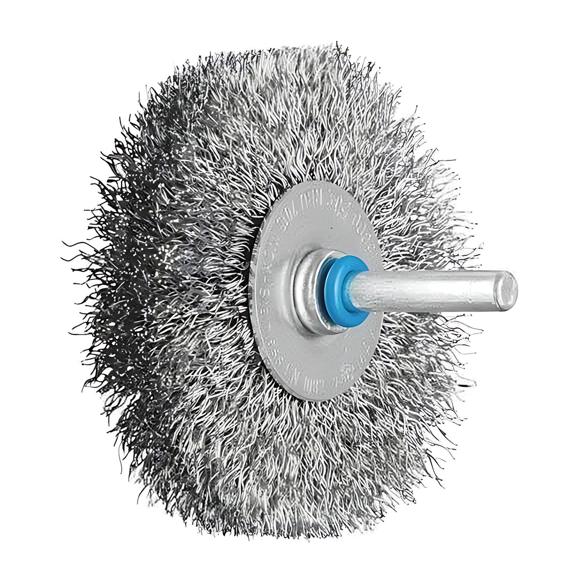 Pferd shank-mounted crimped wheel brush RBU stainless, medium crimped wire wheel with a silver plate and blue ring