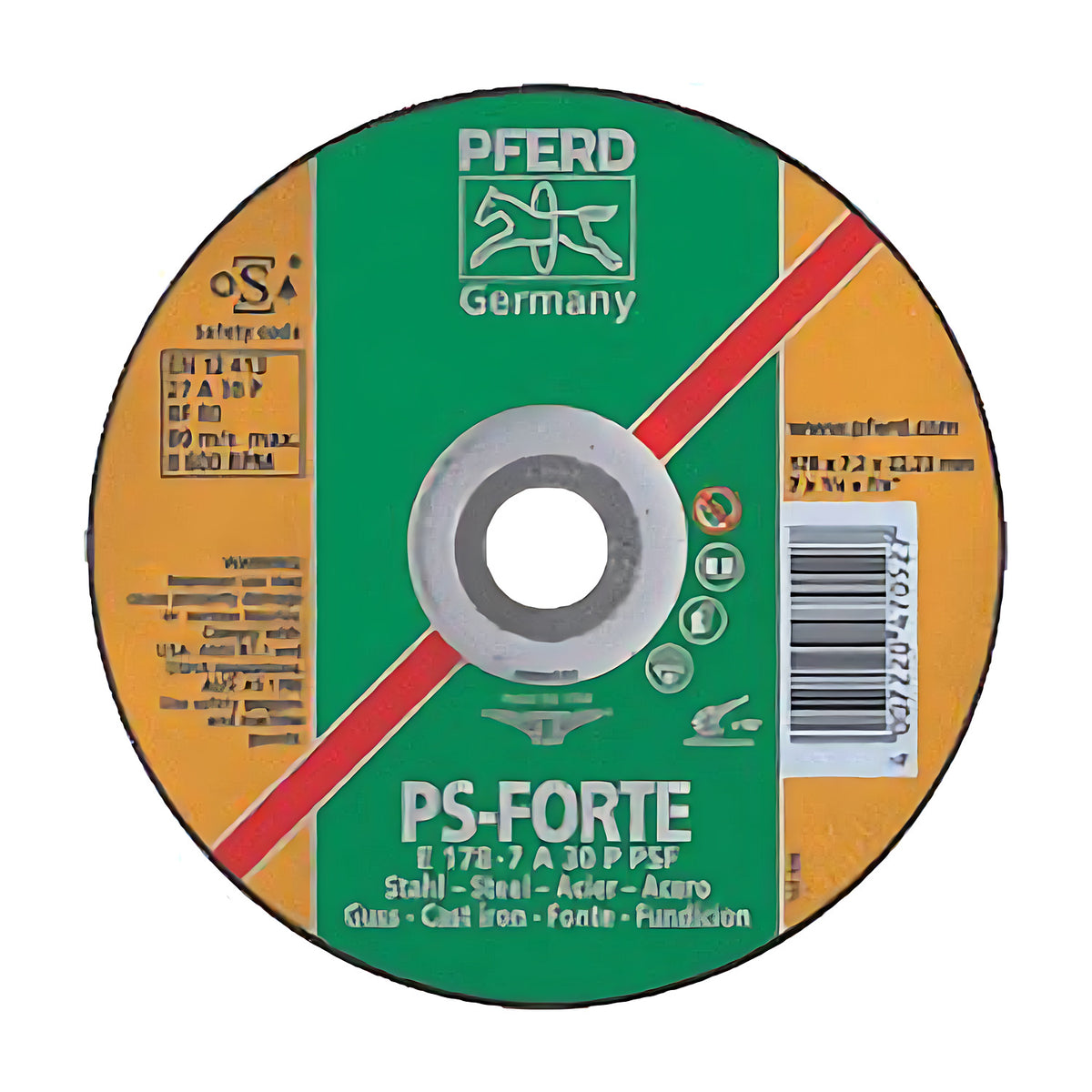 Pferd PSF STONE Depressed Centre Grinding Wheel 125, depressed centre grinding wheel with a green and orange label marked PS-FORTE E 178-7 A 30 P PSF and a red stripe