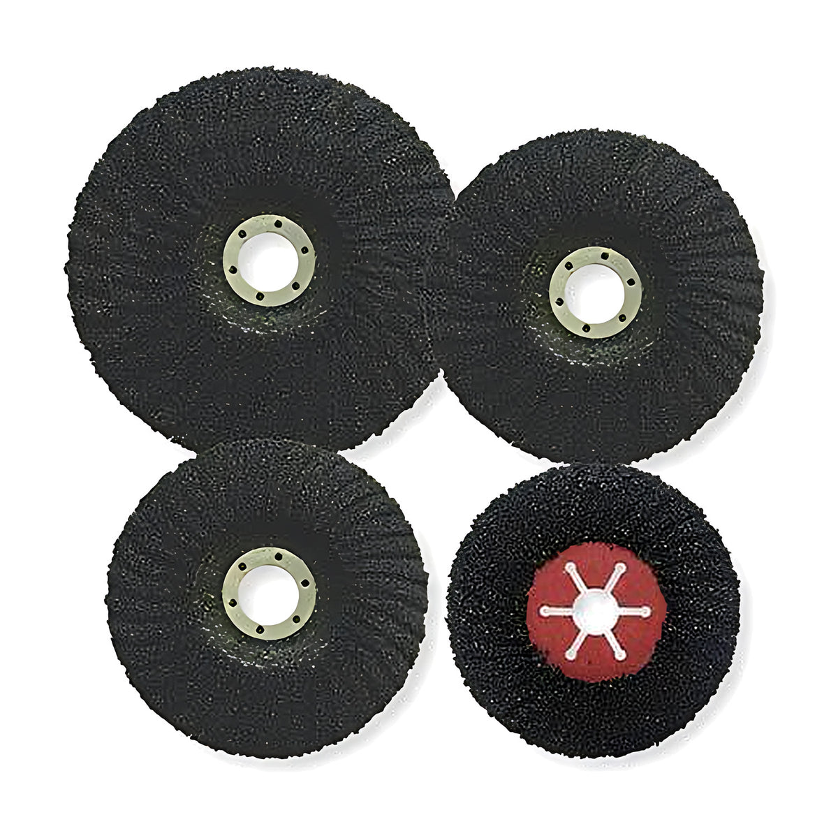 Pferd Superflex Special fibreglass discs, three black discs seen from the front and one showing its back with a red hub