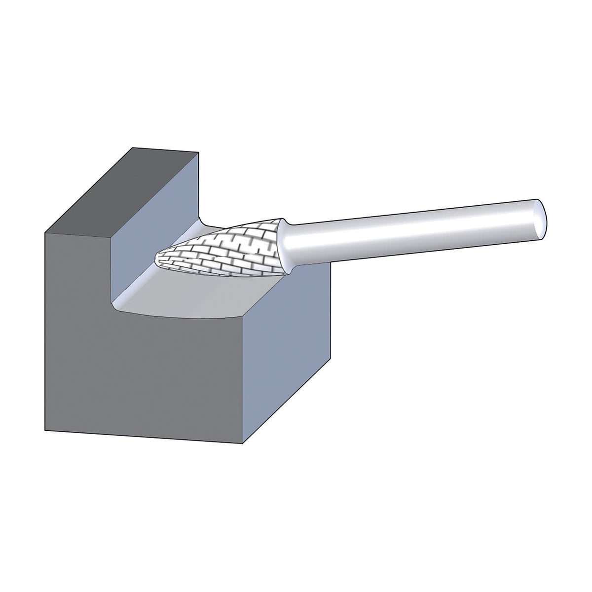 Pferd RBF Cut 3 PLUS 15.9 x 25.4 mm tree burr, drawing of the burr cutting a curved edge in a grey block