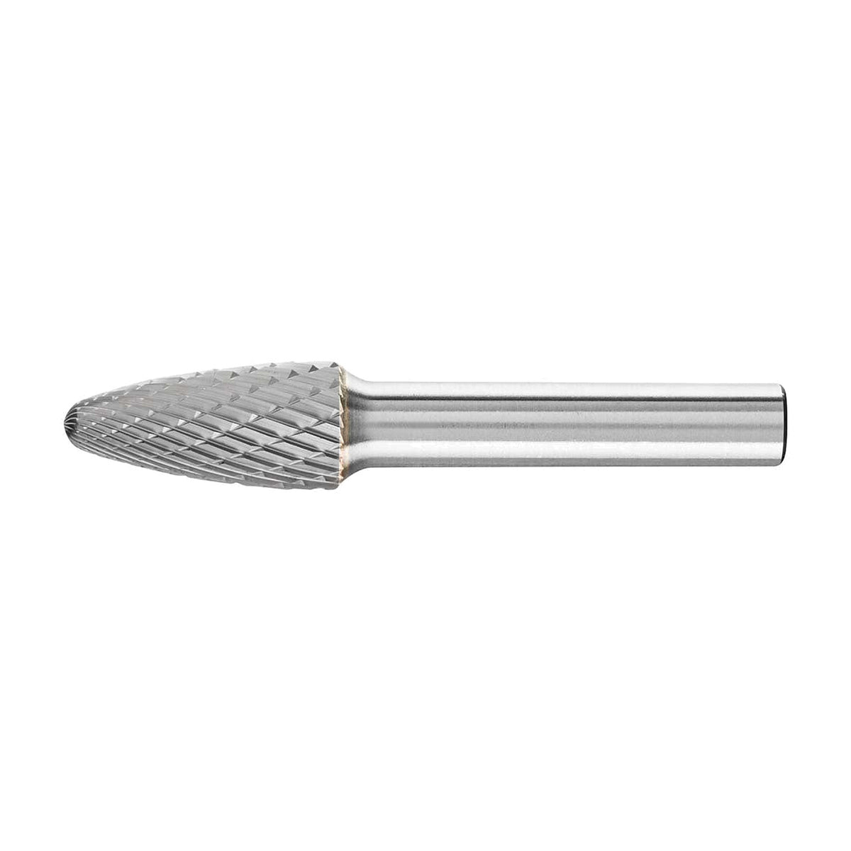 Pferd RBF Cut 3 PLUS 15.9 x 25.4 mm tree burr, side view of the rounded-nose head with fine cuts and 1/4 in shank