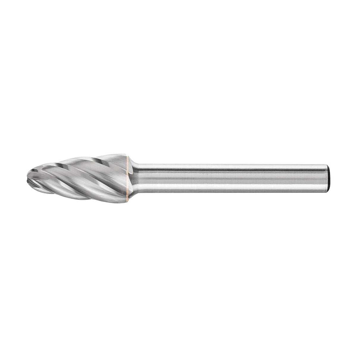 Pferd RBF ALU 10 x 20 mm tree burr, silver head with wide spiral flutes and plain 6 mm shank, side view