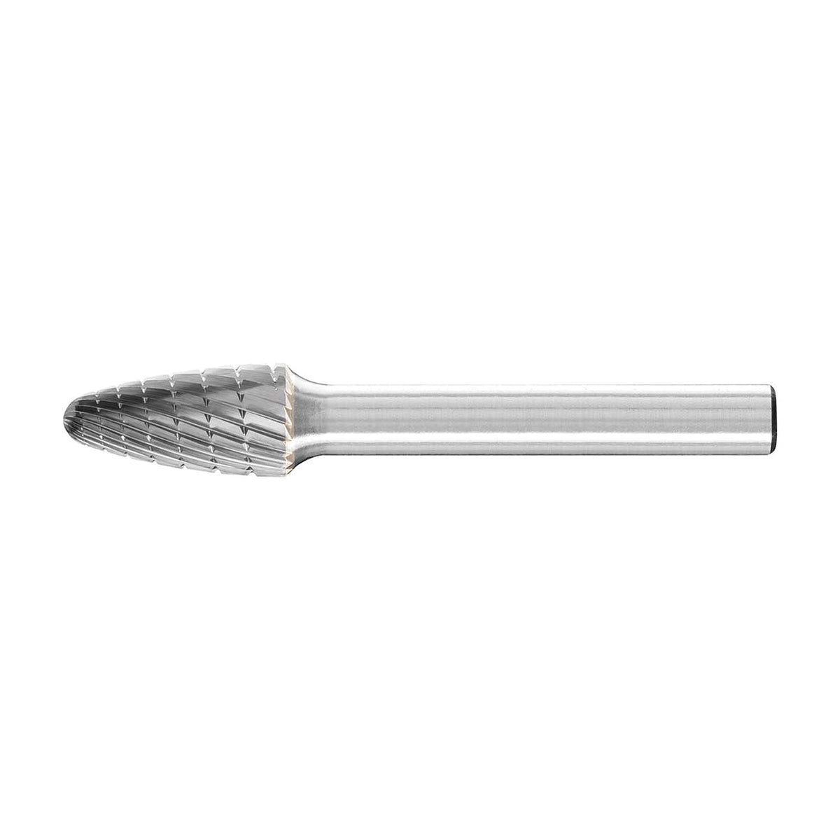 Pferd RBF MX NCC tree burr, mid-size rounded-nose head with fine cuts, side view with plain 6 mm shank