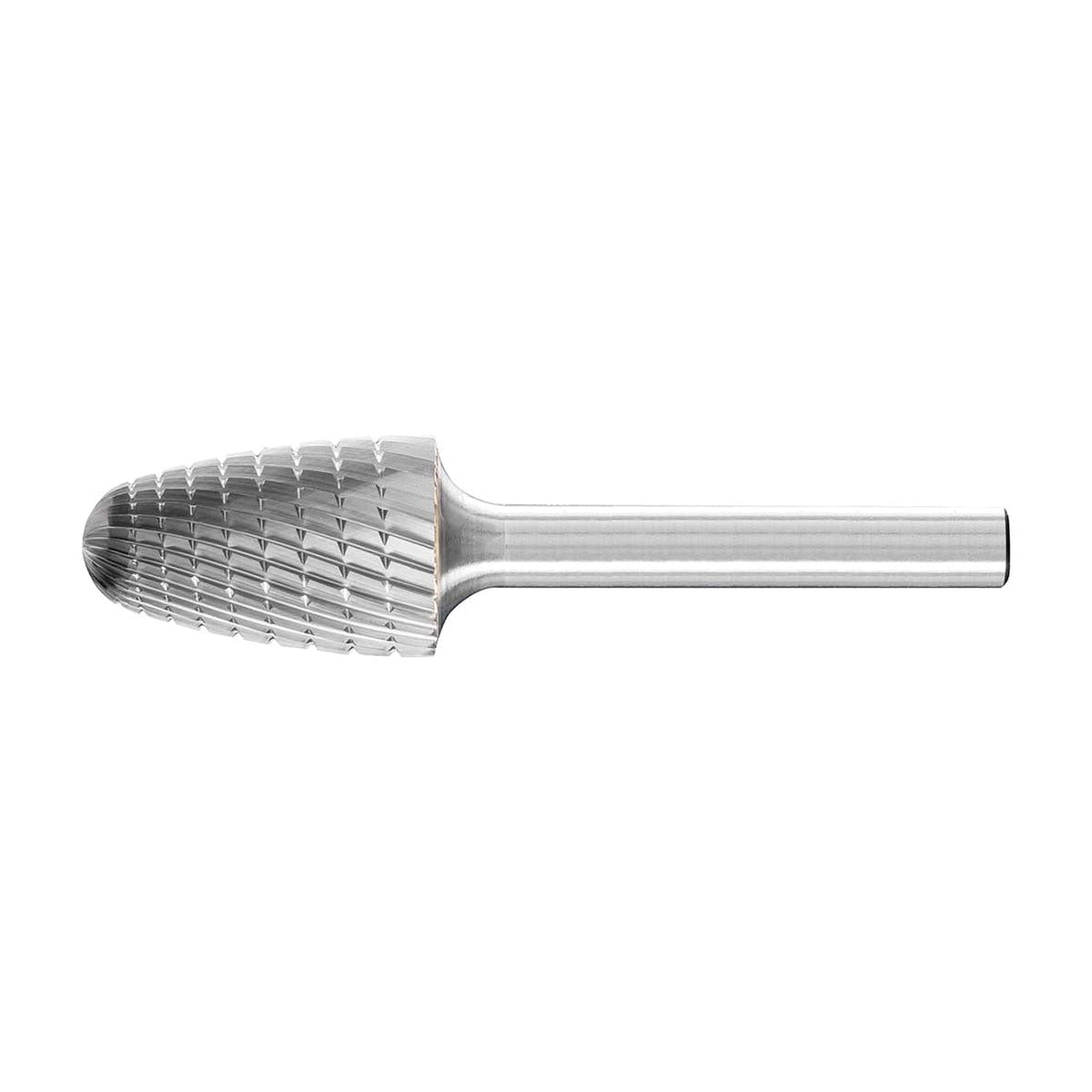 Pferd RBF MX NCC 16 x 25 mm tree burr, wide rounded-nose head with fine cuts, side view with plain shank
