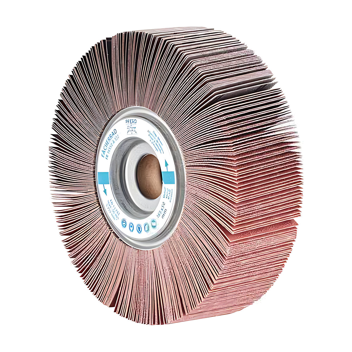 Pferd FR unmounted flap wheel 165 x 50 mm, near front-on view with a stepped flap edge at the upper right and hub ring at upper left