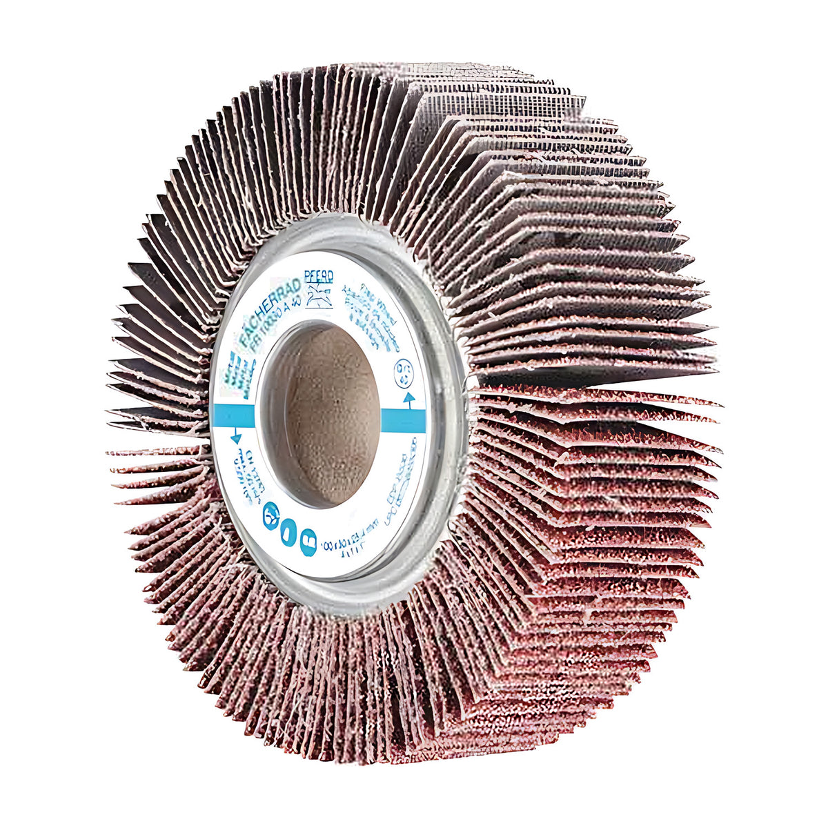 Pferd FR unmounted flap wheel 100 x 30 mm, grit 40 marked on the white hub label, large bore showing a brown core, dark-toned flaps