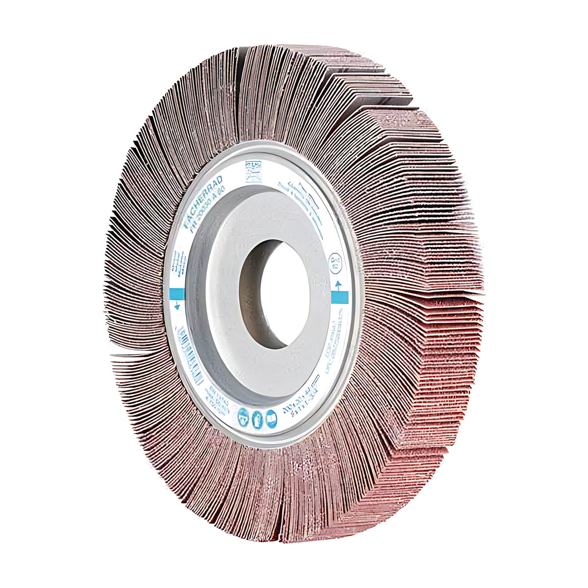 Pferd FR unmounted flap wheel, wide silver hub ring facing the viewer with a large open bore, narrow flap face fanned all round