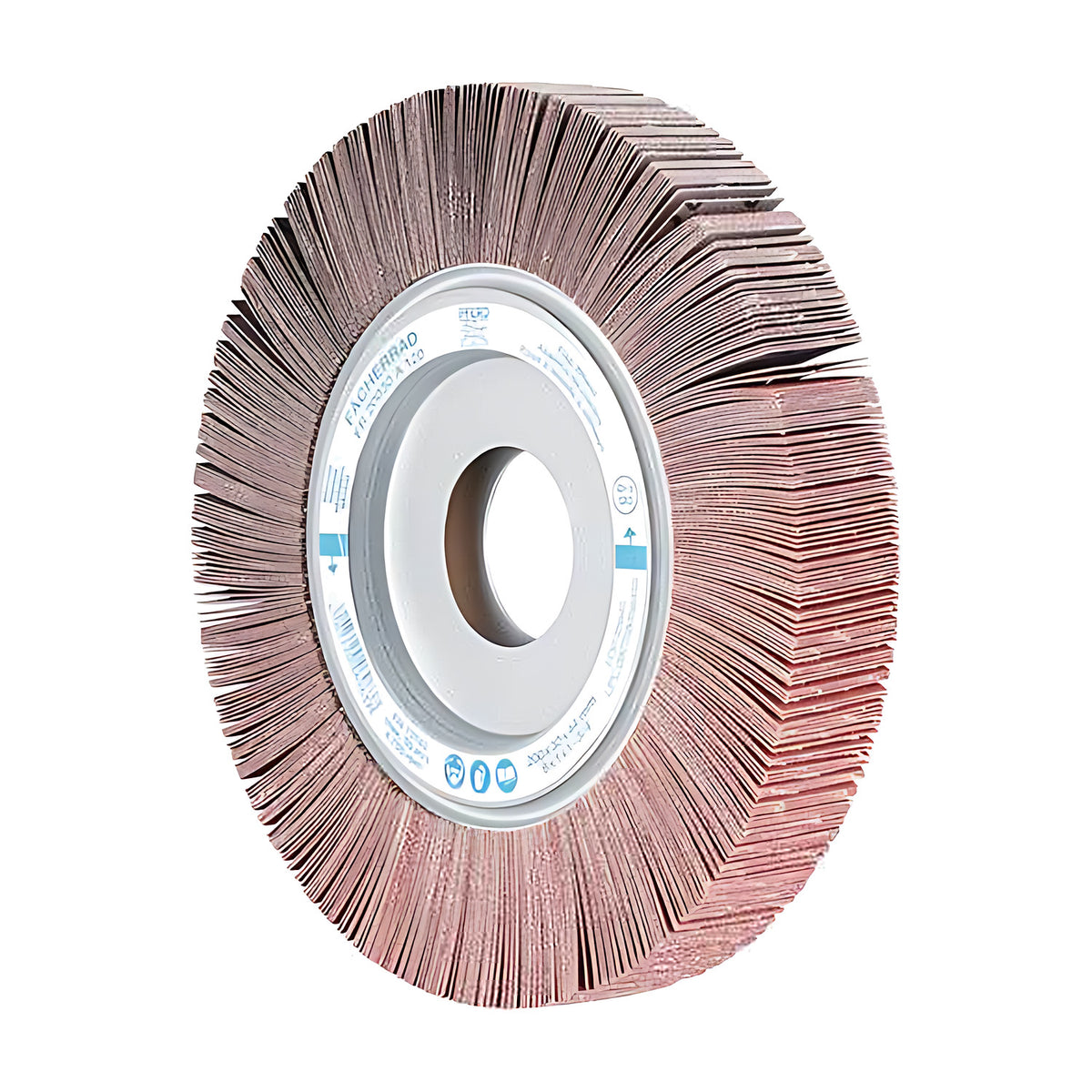 Pferd FR unmounted flap wheel 200 x 30 mm, wide silver hub ring and large open bore, tilted to the right, finely layered flaps