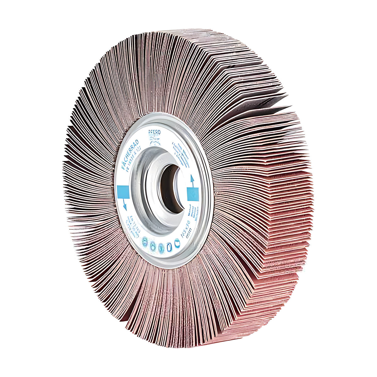 Pferd FR unmounted flap wheel 165 x 20 mm, tilted view with flap layers at the right and a hub ring with a small dark bore
