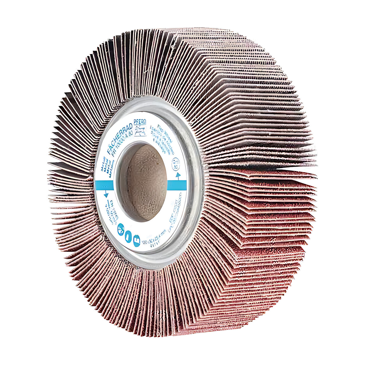 Pferd FR unmounted flap wheel 100 x 30 mm, grit 80 marked on the white hub label, large bore showing a brown core, fanned flaps