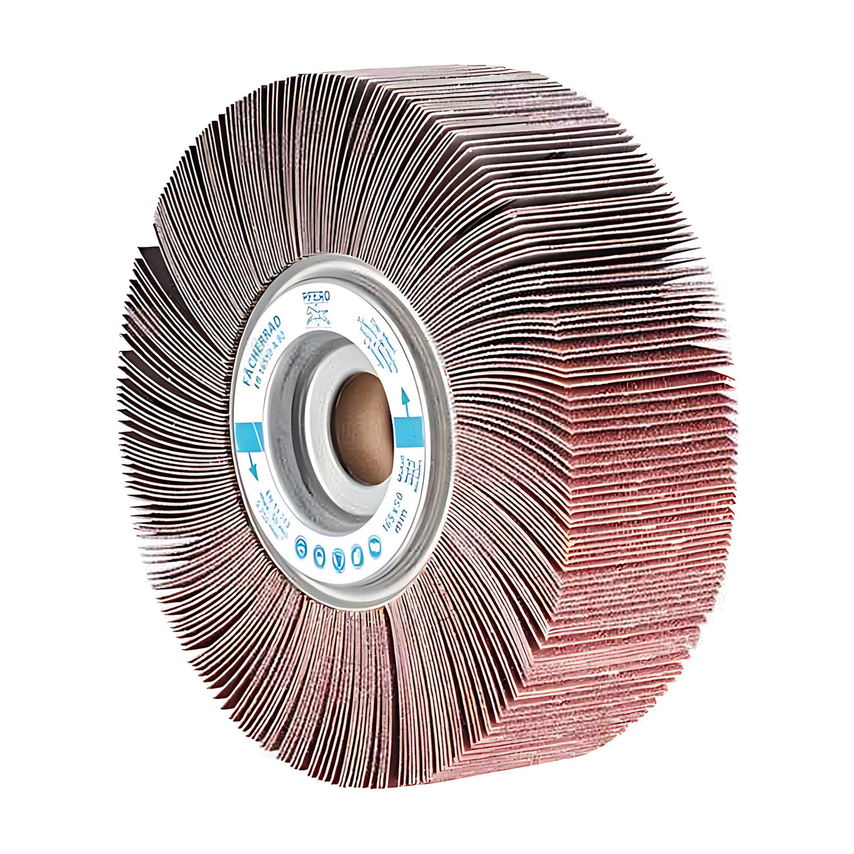 Pferd FR unmounted flap wheel 165 x 50 mm, hub ring at left, rough frayed flap tips around the rim and a pale face at lower right