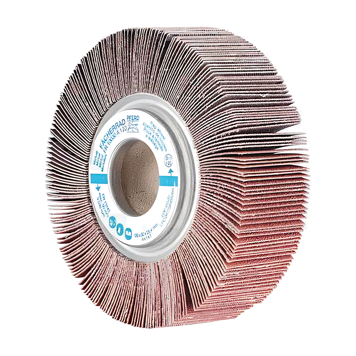 Pferd FR unmounted flap wheel 100 x 30 mm, grit 120 marked on the white hub label, large bore showing a brown core, pink-red flaps