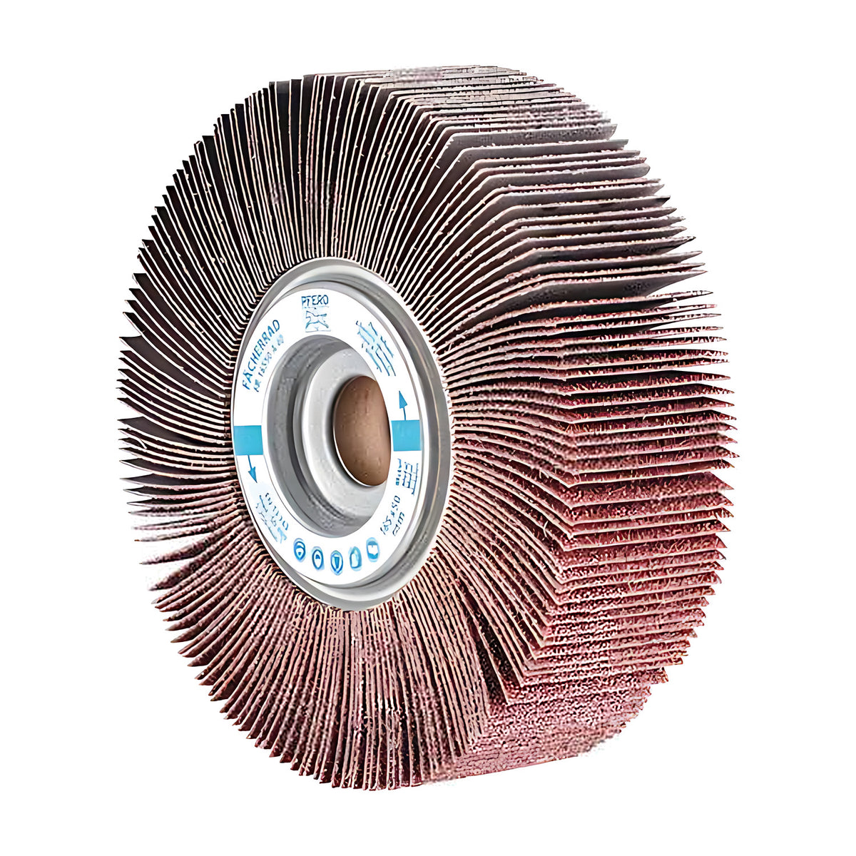 Pferd FR unmounted flap wheel 165 x 50 mm, white hub label and metal ring round a brown core bore, evenly fanned flaps