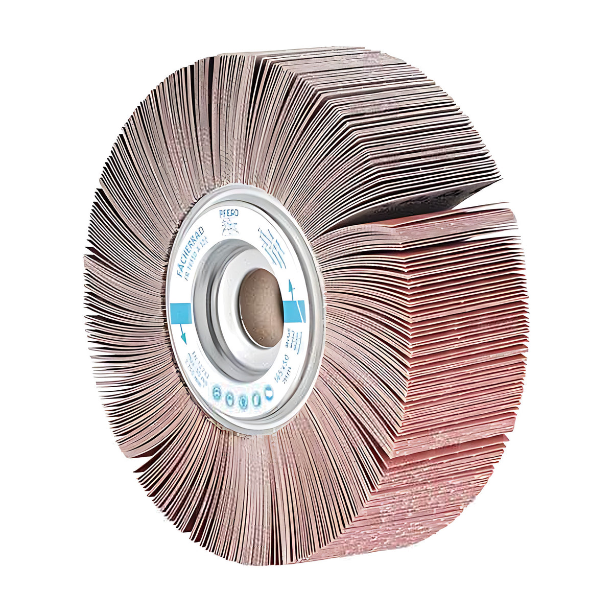 Pferd FR unmounted flap wheel 165 x 50 mm, strongly tilted view with a large stepped flap face to the right and hub ring at left