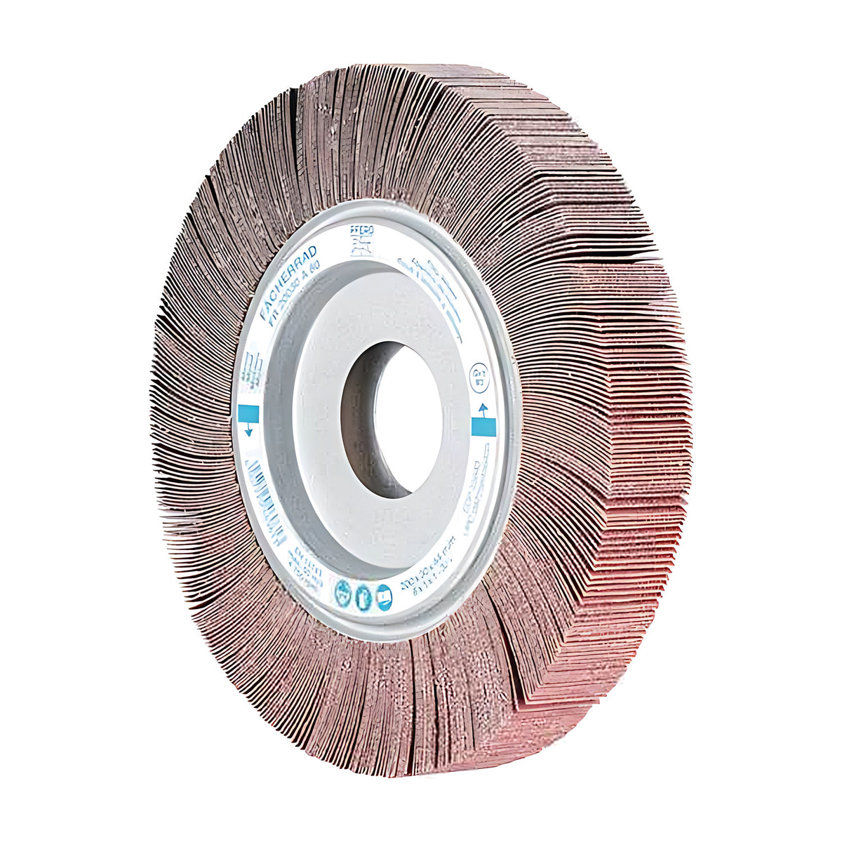 Pferd FR unmounted flap wheel 200 x 30 mm, wide silver hub ring and large open bore, tilted to the left, narrow flap face