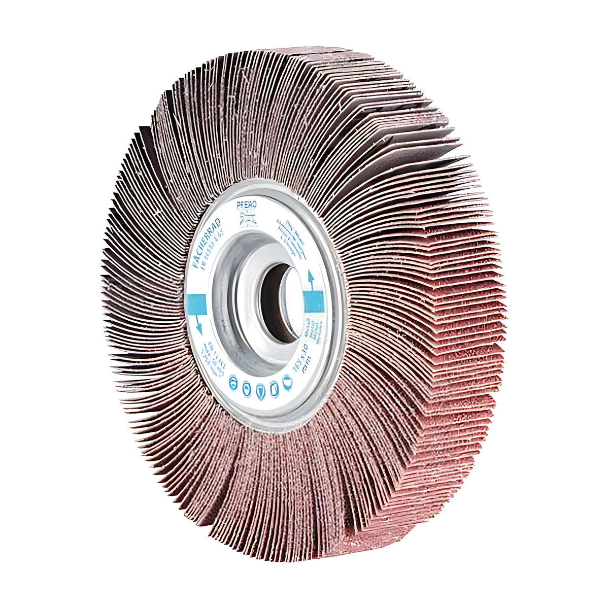 Pferd FR unmounted flap wheel 165 x 20 mm, narrow face with tidy flaps, hub ring tilted slightly left, dark bore