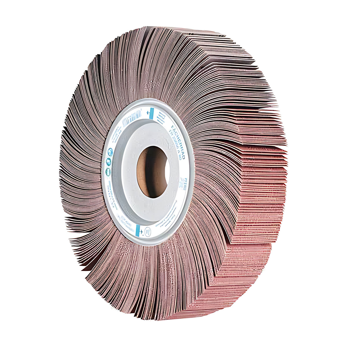 Pferd FR unmounted flap wheel, wide face seen from the left, wide hub ring with a brown core bore and stepped fanned flaps