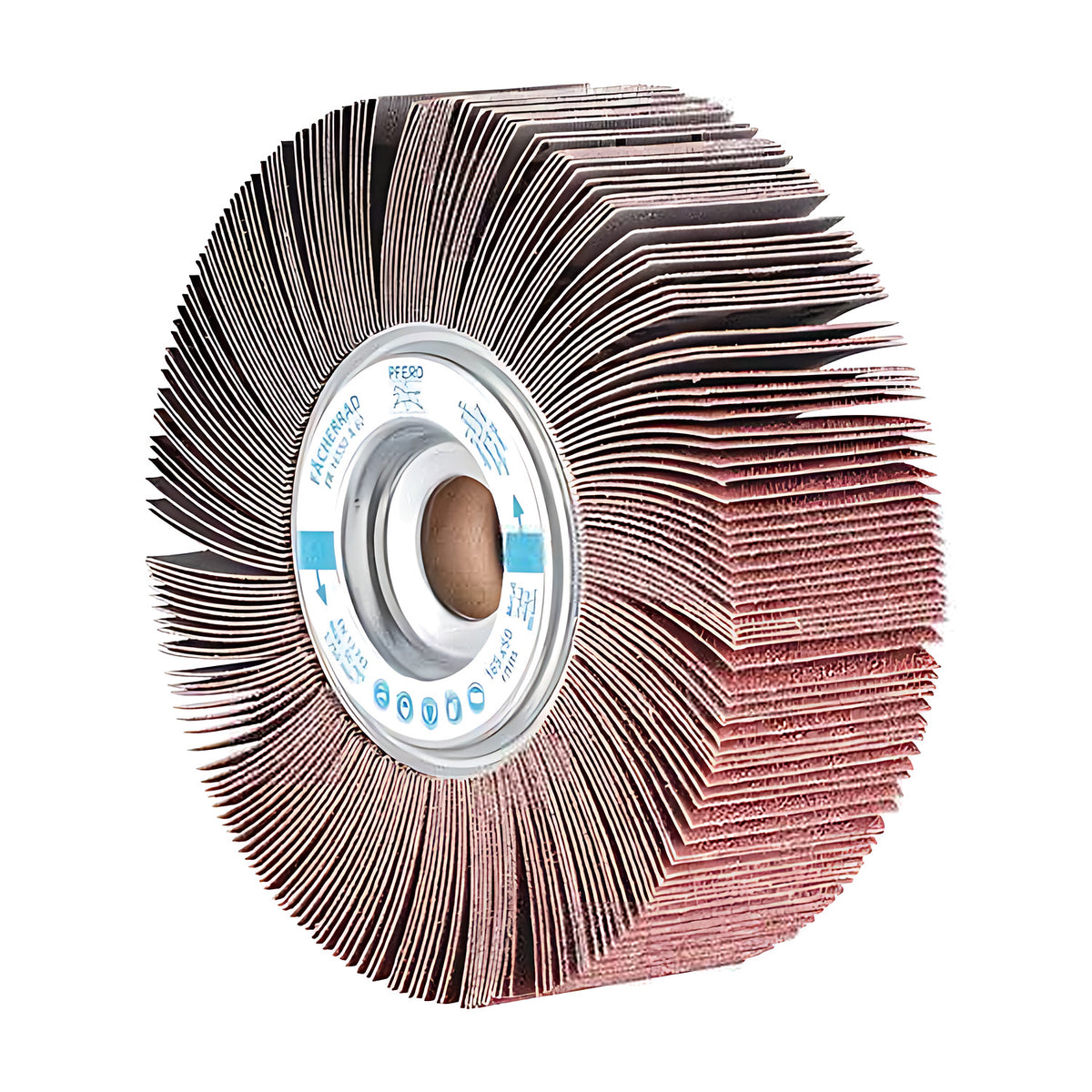 Pferd FR unmounted flap wheel 165 x 50 mm, hub ring at left, wide flap face towards the lower right with fanned tips on the rim