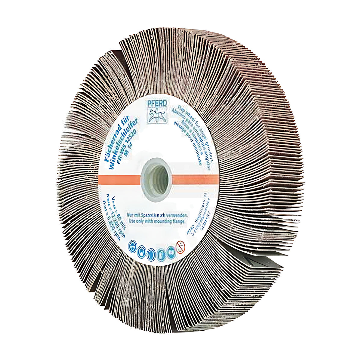 Pferd FR WS flap wheel for angle grinders 125 x 20 mm, label side with orange stripe and threaded centre, looser greyer flaps at left