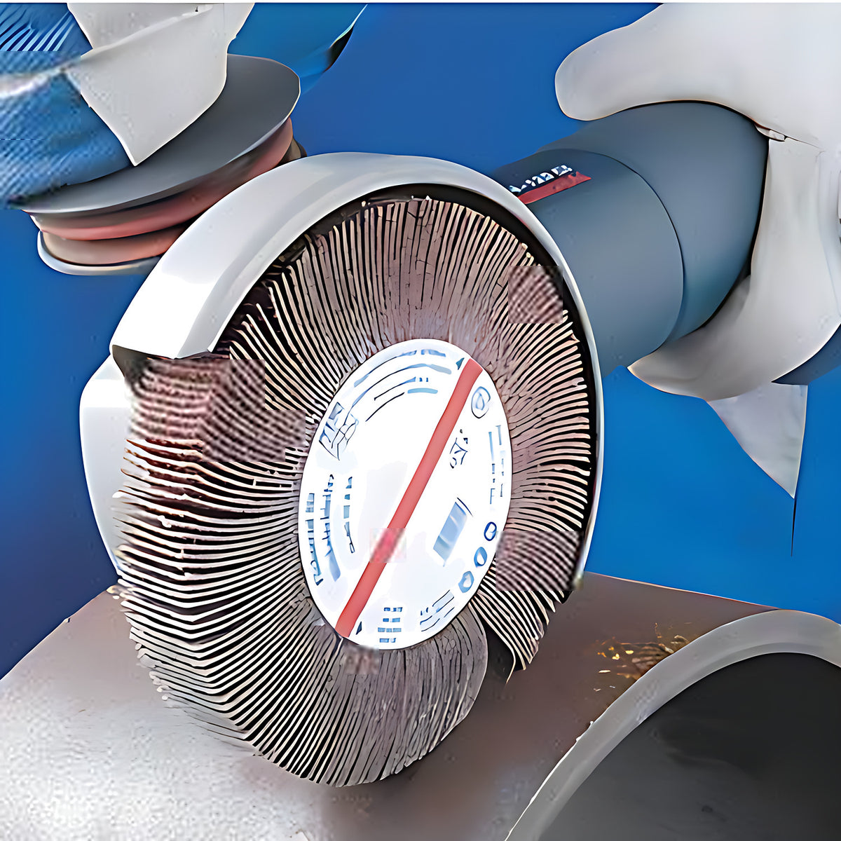 Pferd FR WS Unmounted Flap Wheel for Angle Grinders, gloved operator holding an angle grinder with a flap wheel against a curved steel pipe, blue background