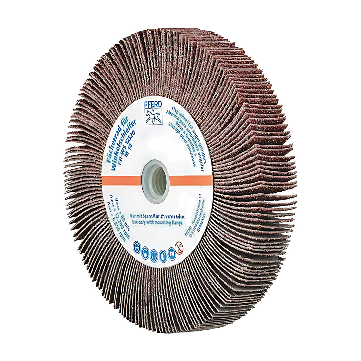 Pferd FR WS flap wheel for angle grinders 125 x 20 mm, tilted view of white hub label with orange stripe, threaded centre and brown flaps