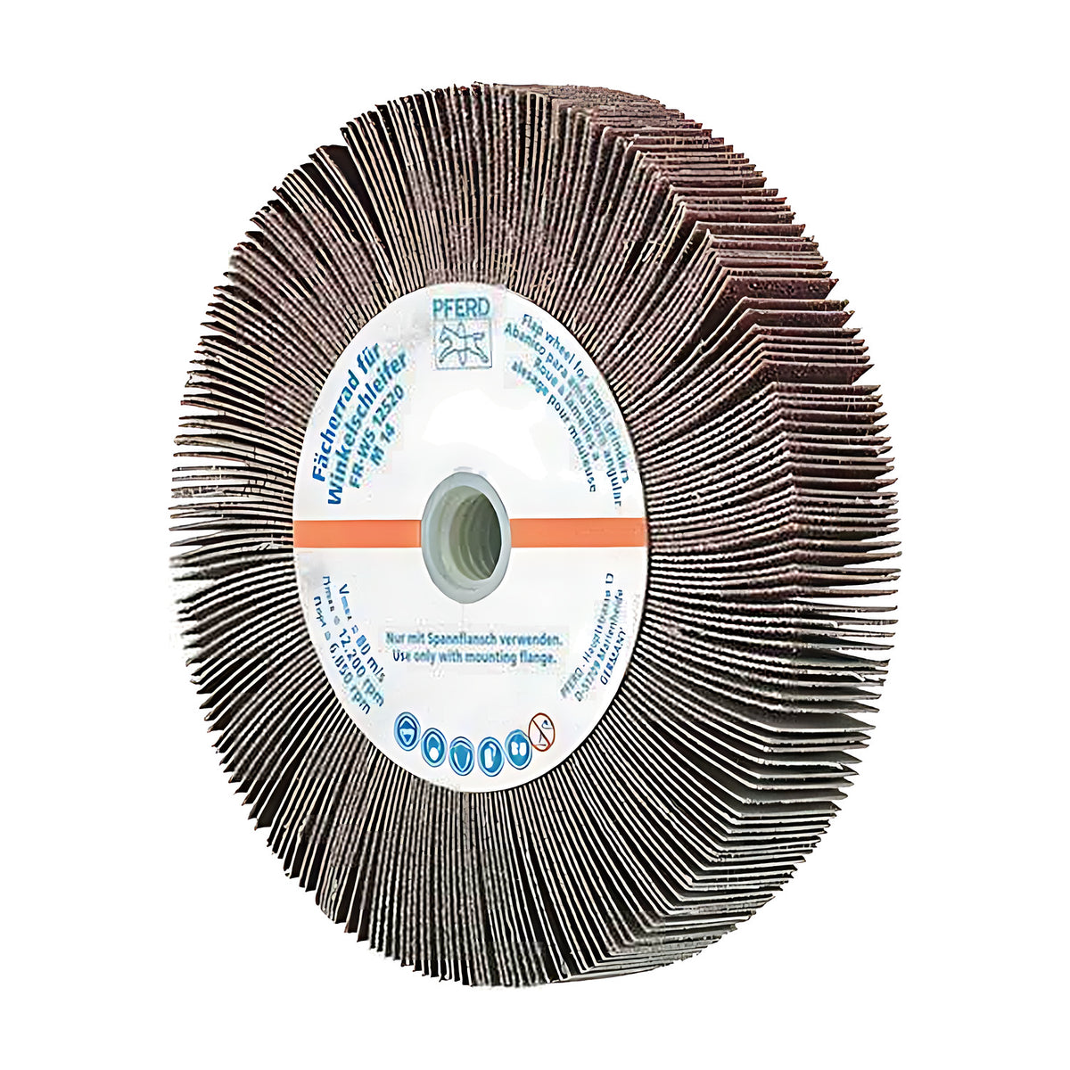 Pferd FR WS flap wheel for angle grinders 125 x 20 mm, label side with orange stripe and threaded centre, grey-brown flaps