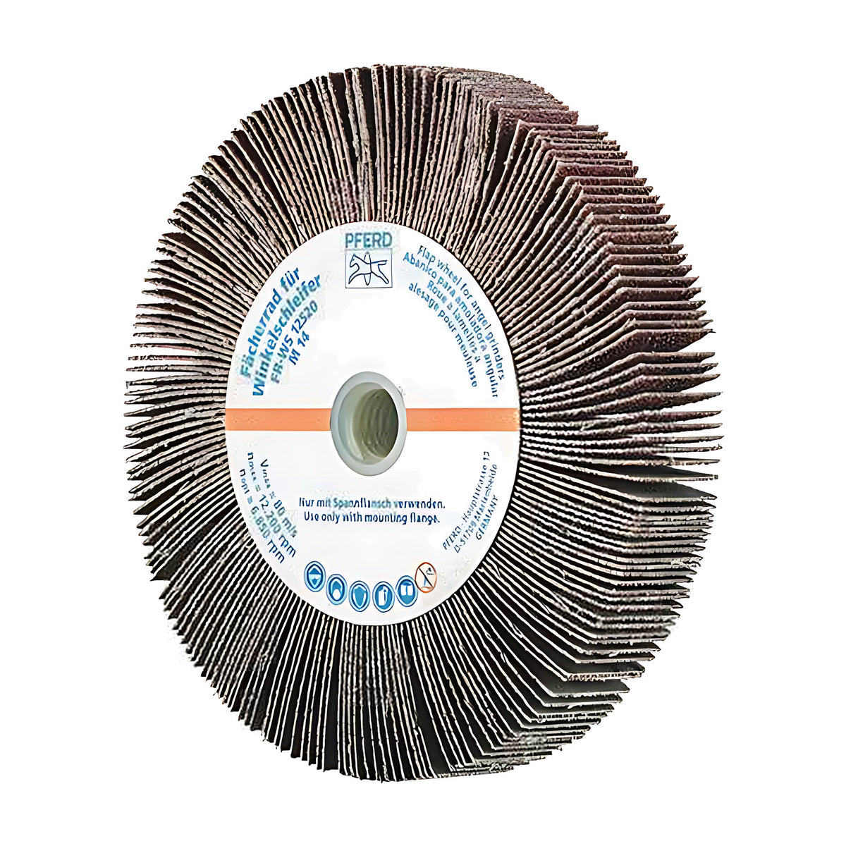 Pferd FR WS flap wheel for angle grinders 125 x 20 mm, front view of white hub label with orange stripe, threaded centre, dark brown flaps