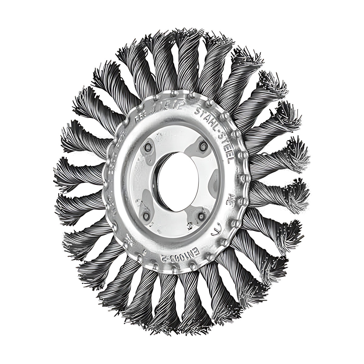 Pferd knotted wheel brush RBG steel 22.2 mm hole, 115 x 12 mm wheel with a silver plate marked STAHL-STEEL
